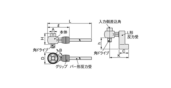 ※寸法図（本体、入力側差込角、L型反力受、角ドライブ、バー形反力受、グリップ、角ドライブ、本体）